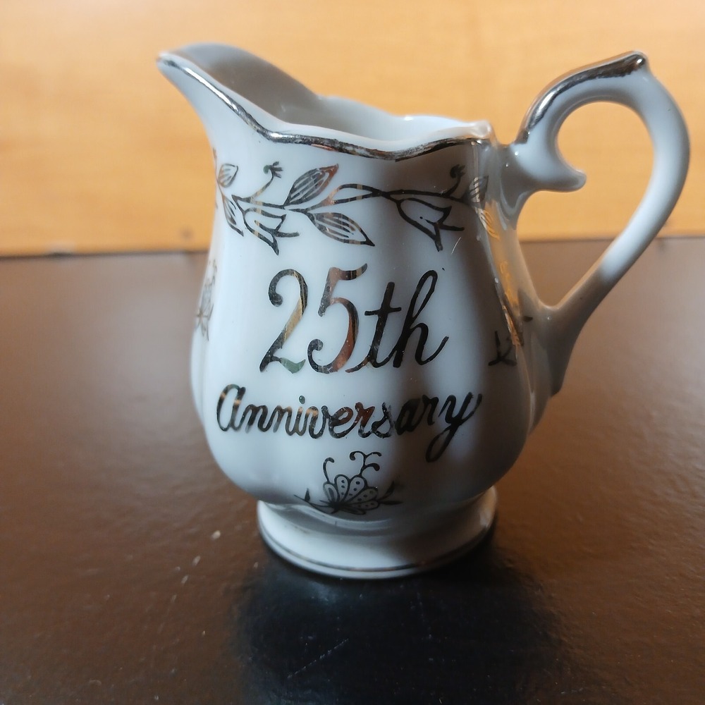 Vintage 25th Anniversary Creamer Pitcher Porcelain Silver White Floral Vine - Picture 8 of 8